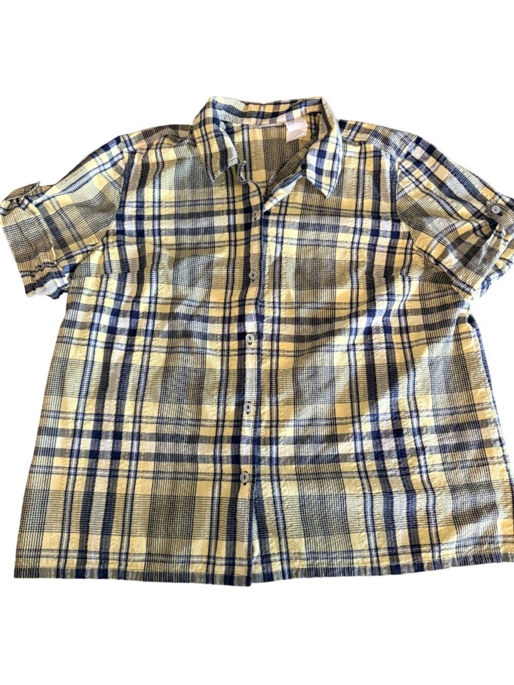 Seersucker Yellow Plaid Short-Sleeve Button-Up Shirt w/Roll-Tab Sleeves 24" P2P
